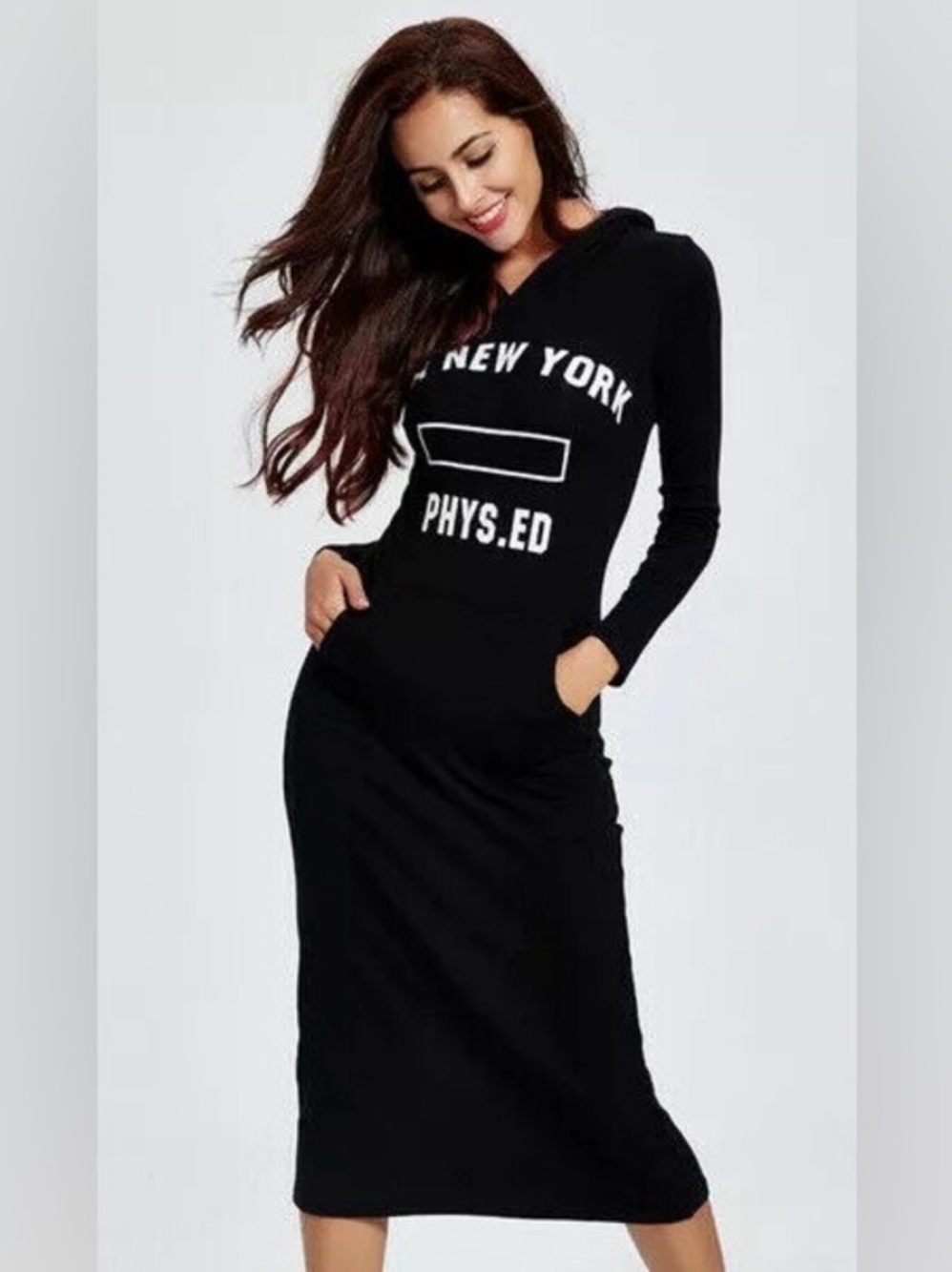 Black Hooded Midi Dress New York Phys Ed Graphic Long Sleeve Pocket XL